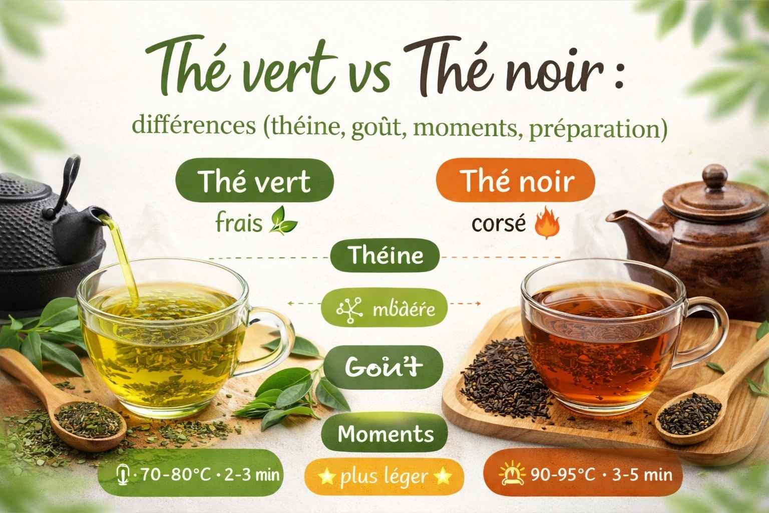 Thé vert vs thé noir différences (théine, goût, moments, préparation — free download